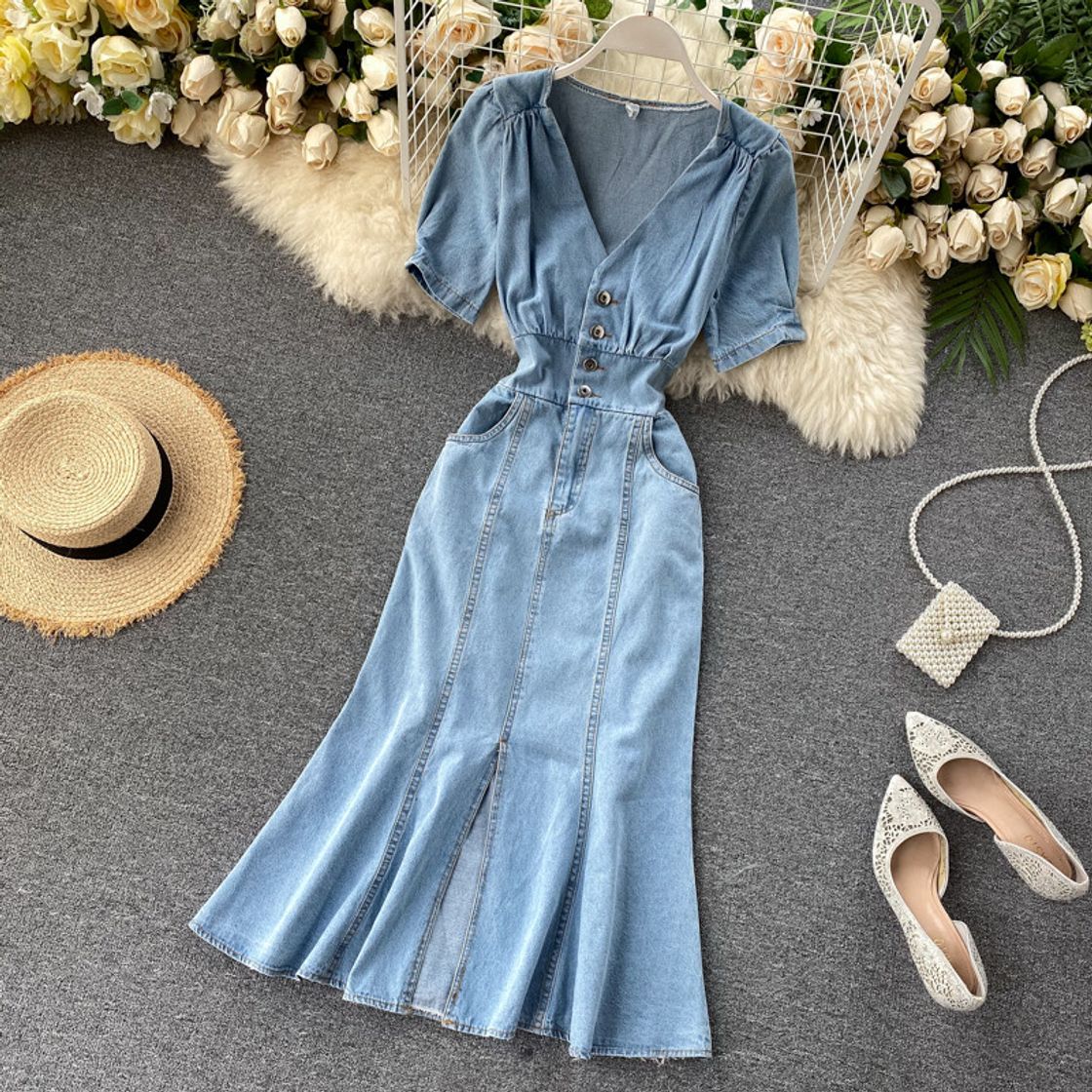 Fashion midi denim vestido sólido com decote em v botão