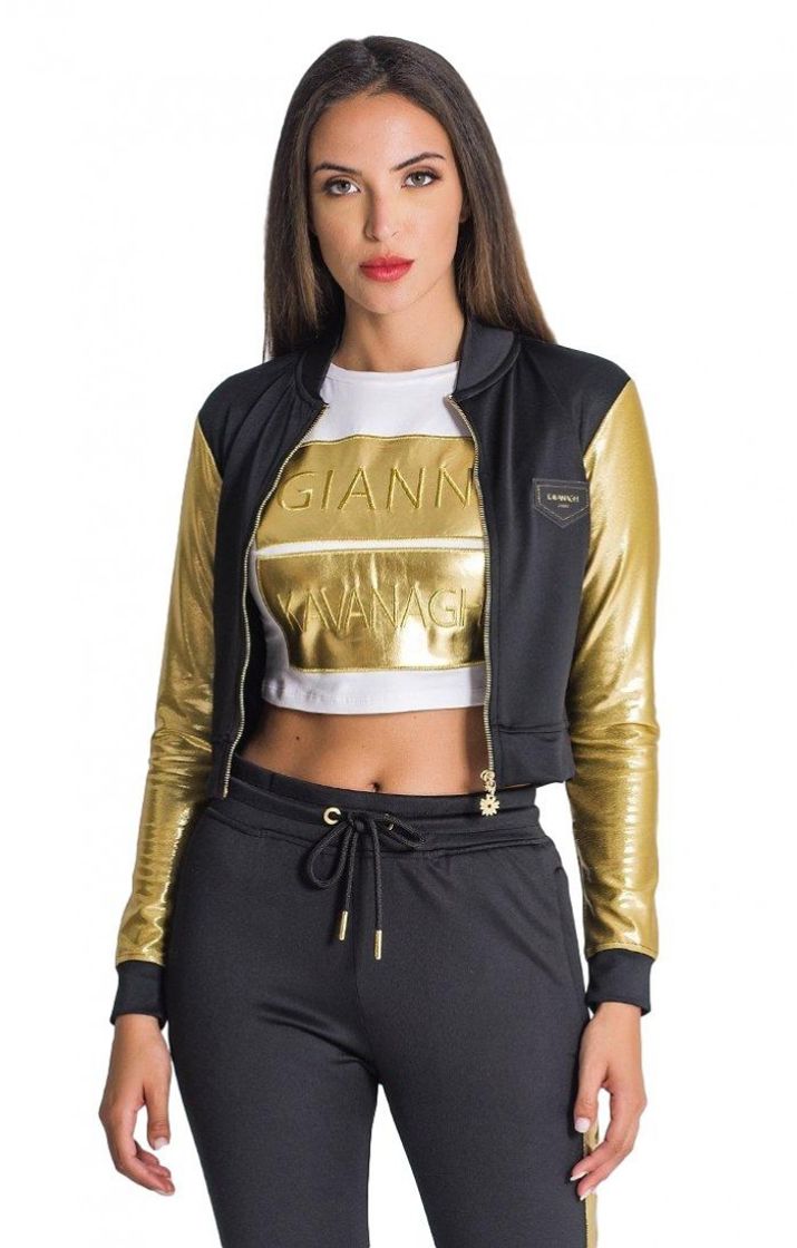 Fashion Gianni Kavanagh Black Gold Bars Cropped Hoodie Sudadera con Capucha