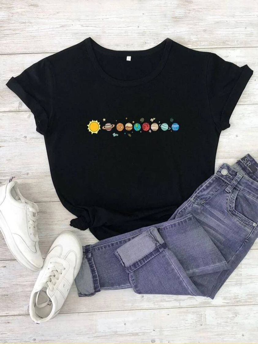 Moda Camiseta preta sistema solar