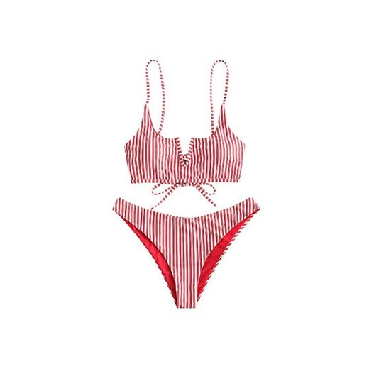 Zaful Bikini sexy en forma de V con tirante fino y diseño de rayas rojo L