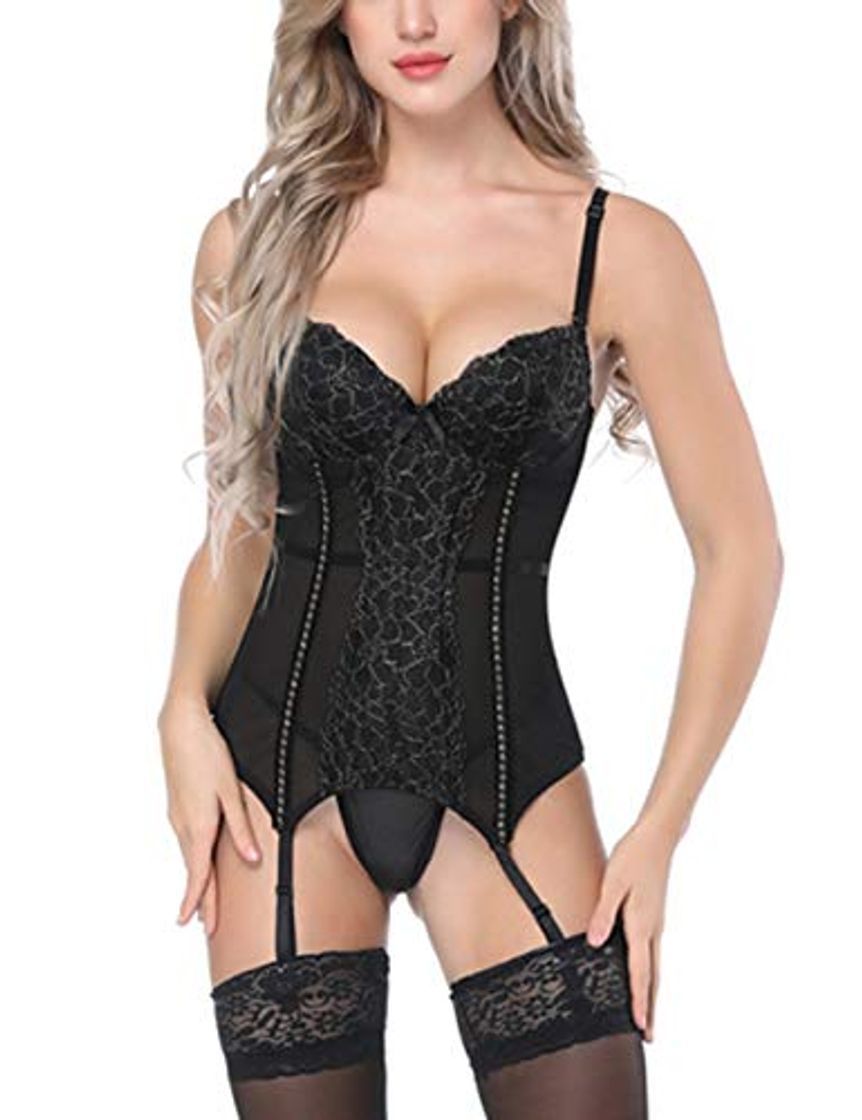 Fashion FeelinGirl Mujer Sexy Moda Corsé Bustier Vintage Elegante Shapewear Cinta Ajustable Negro