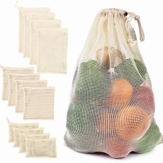 Bolsa de almacenamiento para verduras, malla de algodón con cordón, reutilizable para frutas y verduras, ideal cocina