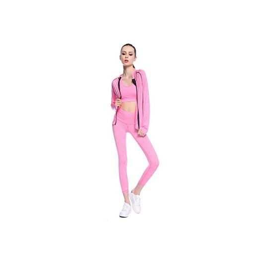 Bonjanvye Yoga Clothes for Women Set Activewear Jacket with Thumb Holes Running Bra and Activewear Leggings Mesh Pinks