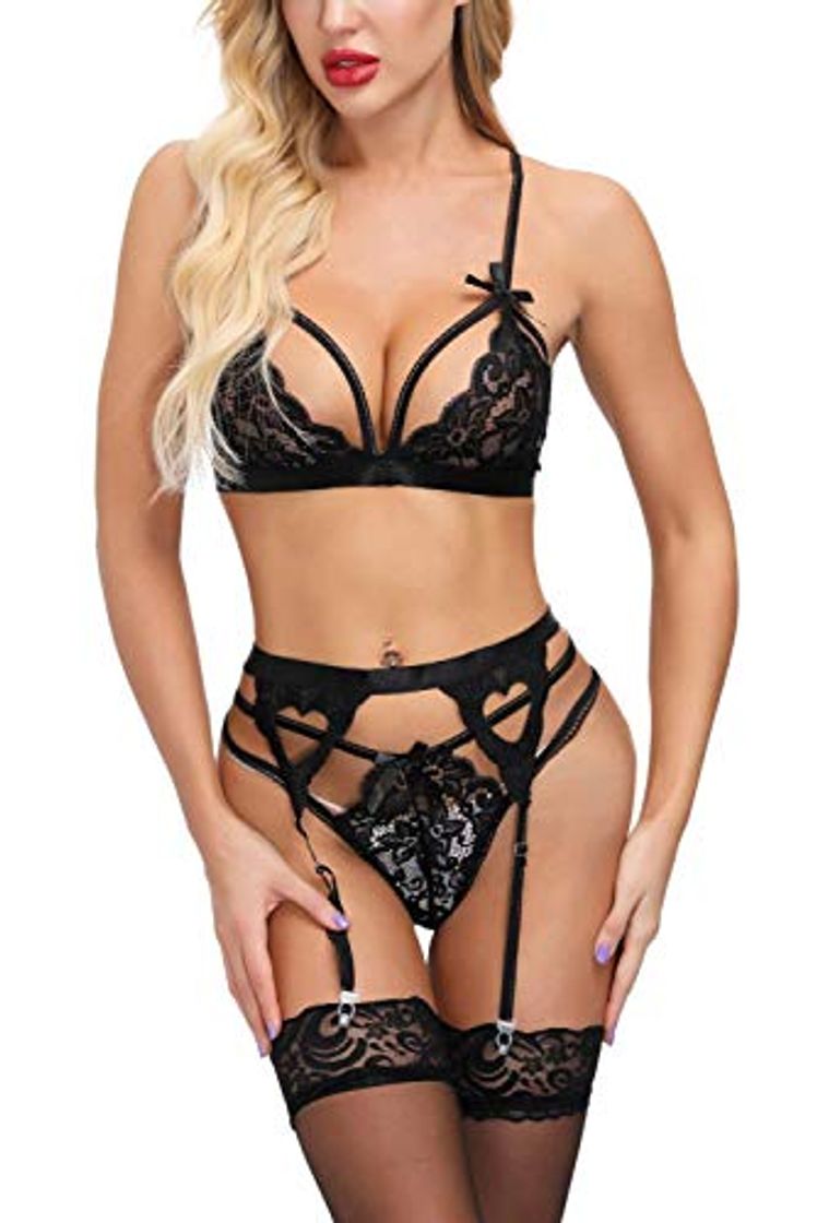 Fashion heekpek Conjunto Lencería Mujer Sexy Encaje Ropa de Dormir Sexy Mujer Lingerie Bordado Ropa Interior Sujetador Transparente Triangular y Tanga Sexy Dessous Set