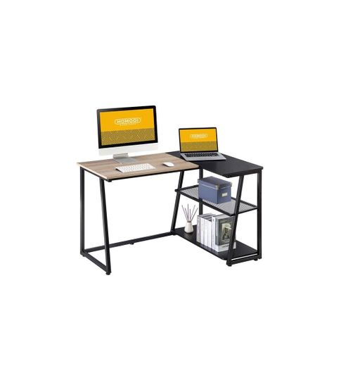 HOMOOI Wooden Computer Table with Black and Oak Shelves L
