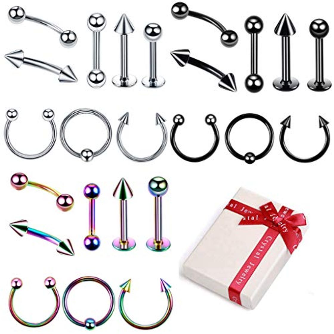 Social Crazy-M Juego de Piercing de 3 Colores 24 Piezas Cuerpo de Acero