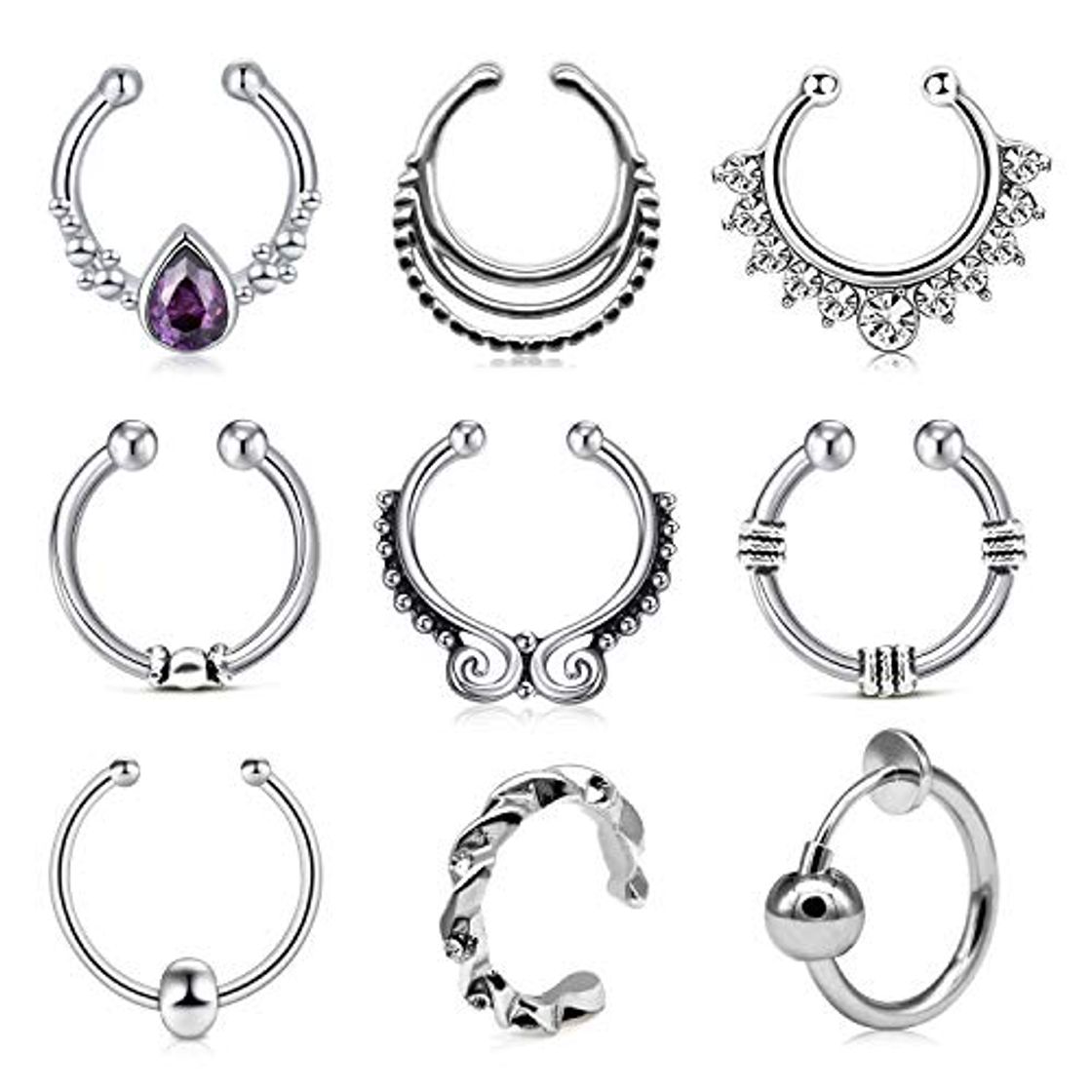 Fashion LAURITAMI 9pcs Septum Clip Aros Nariz Falso Plata Acero Inoxidable Puños de Oreja Set Sin Perforación Ear Cuff Pendientes Helix Piercing Joyas