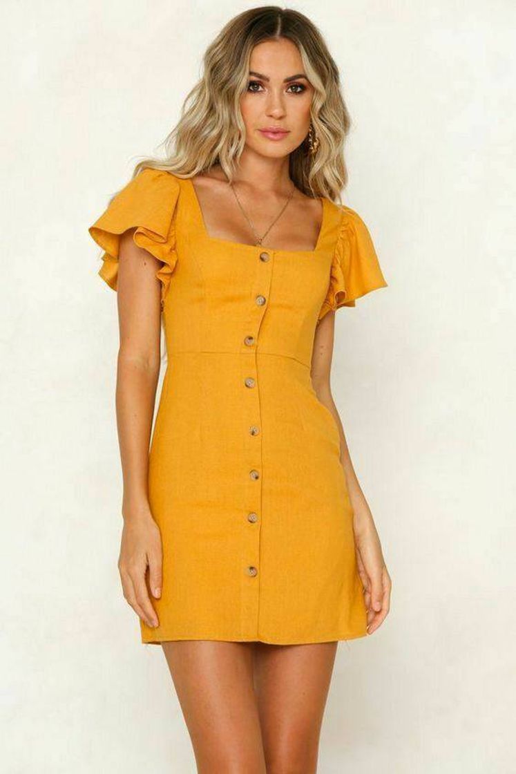 Fashion Vestido amarelo com botão 