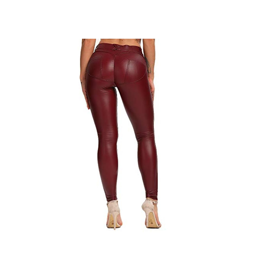 Fashion FITTOO PU Leggings Cuero Imitación Pantalón Elásticos Cintura Alta Push Up para Mujer #1 Bolsillo Falso Poca Terciopelo Rojo L