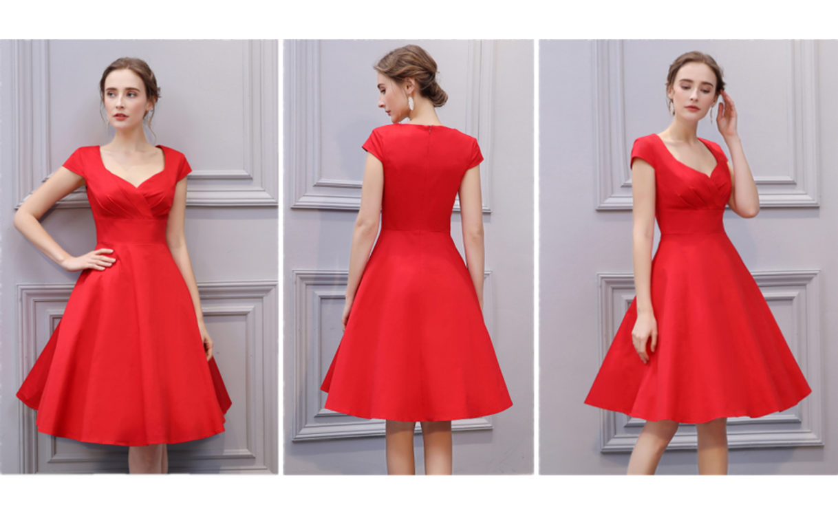 Social Bbonlinedress Vestido Corto Mujer Retro Años 50 Vintage Escote En Pico Red XL