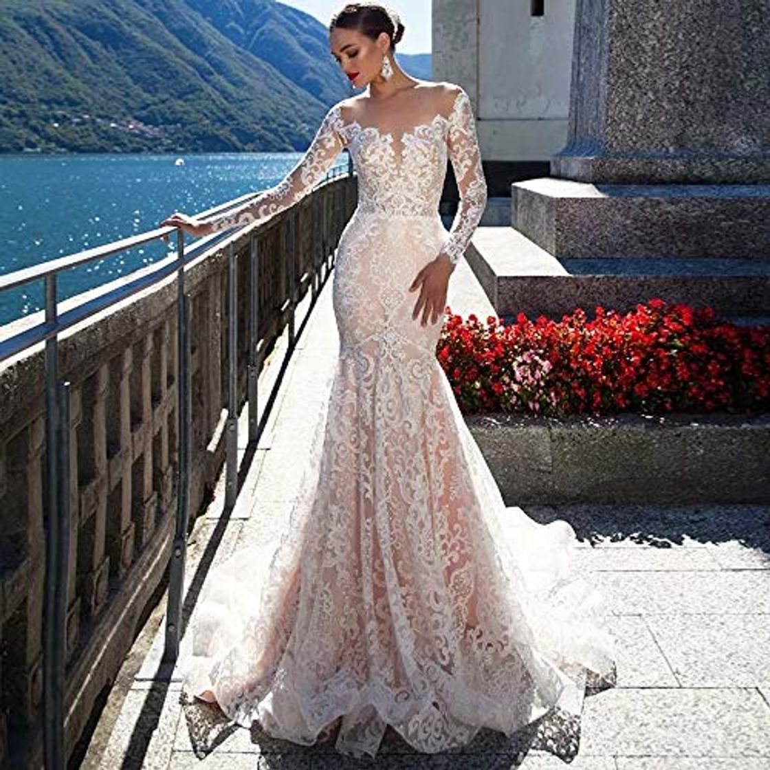 Moda KUANGQIANWEI Sirena de la Boda Vestido de Lujo Casamento De Manga Larga