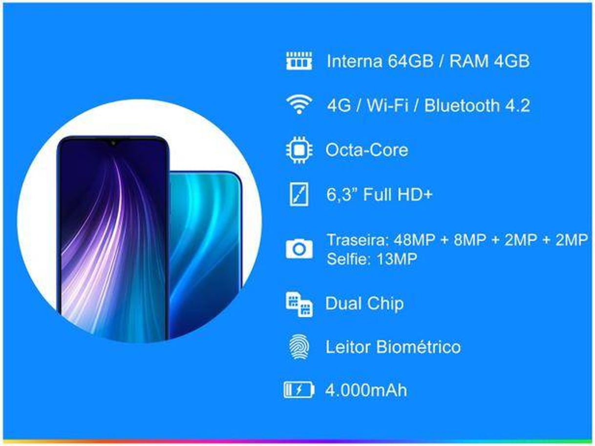 Fashion Smartphone Xiaomi Redmi Note 8 64GB Azul Neptune - Blue 4GB 