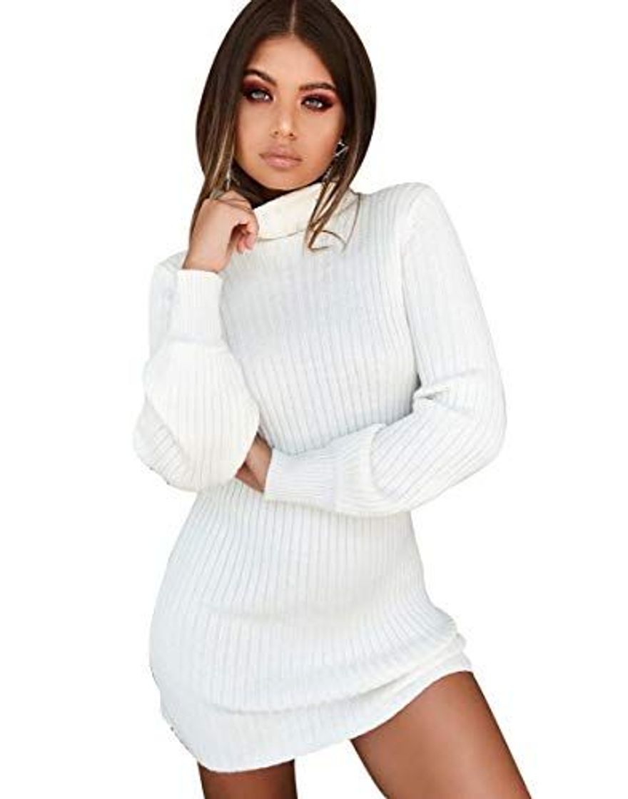Social Hawiton Vestido de Punto para Mujer Vestido de Suéter de Cuello Alto Elegante Jersey de Manga Larga de Una Línea para Otoño Invierno