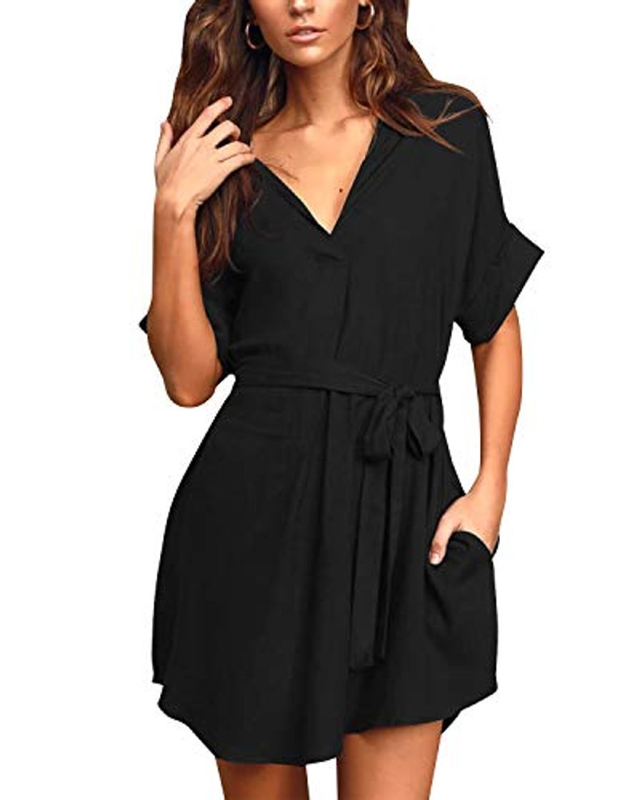 Moda YOINS Vestido Corto para Mujer Mini Vestidos de Verano Cuello en V Camiseta Manga Corta de Playa Negro S