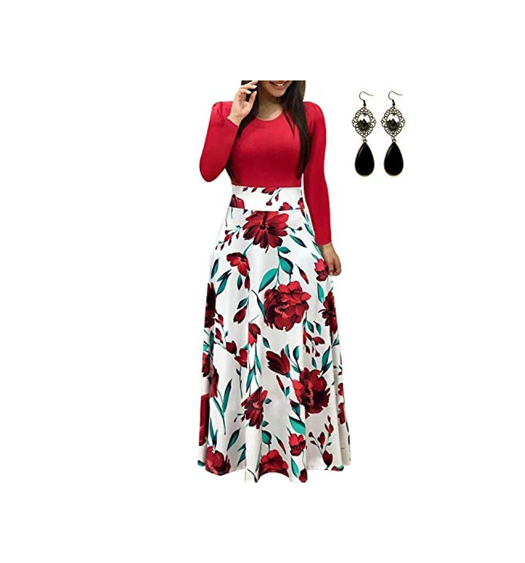 Fashion UUAISSO Mujer Vestido Fiesta Largo Manga Larga Floral Print Casual Verano Maxi Vestidos Playa Vacaciones Rojo M