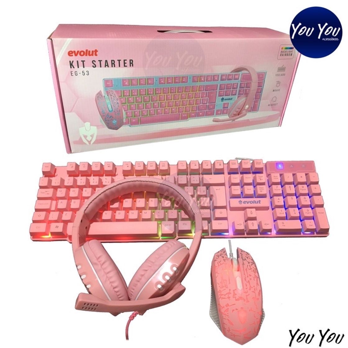 Social Kit gamer rosa teclado, mouse e headset