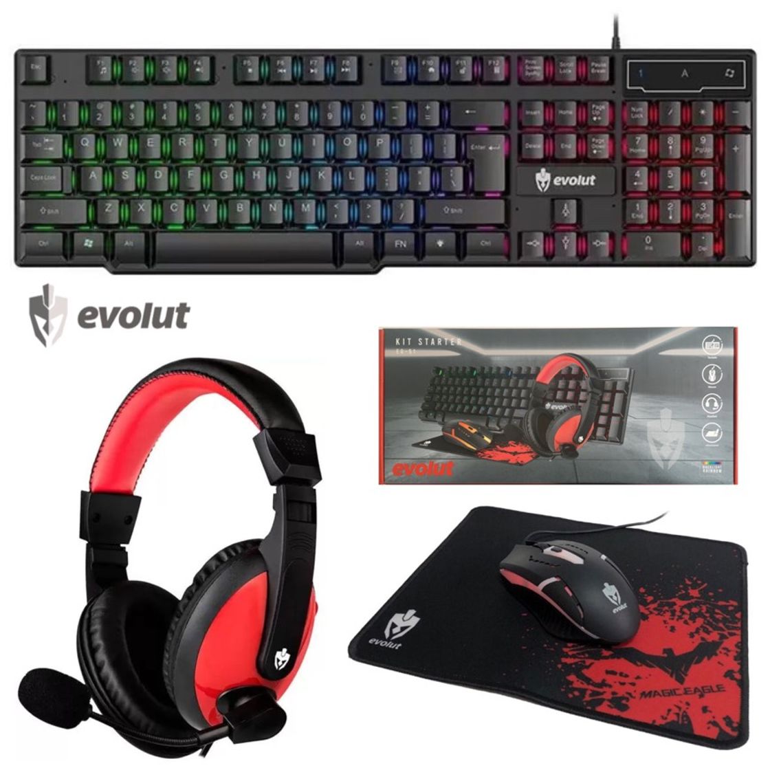 Fashion Kit Gamer Starter TECLADO MOUSE HEADSET MOUSEPAD EG51 Evolut