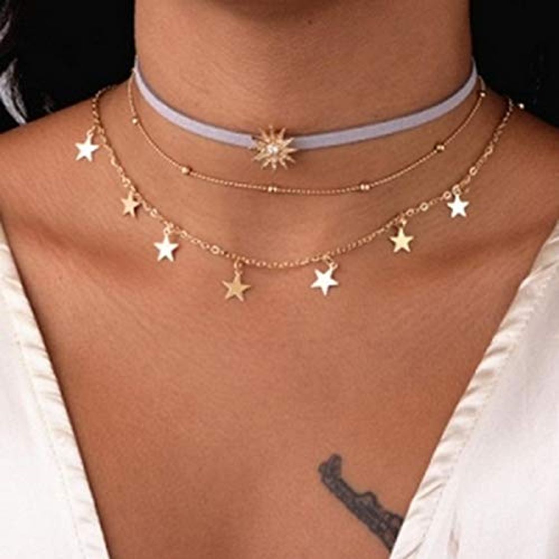 Social WDam Collar de Gargantilla de Estrella de Cadena de Color Dorado para Mujer Collana Kolye Bijoux Collares Mujer gargantilha Collier Femme
