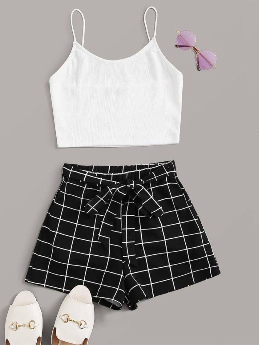 Moda crop cami top & belted shorts