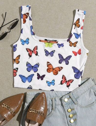 Camiseta regata cortada com padrão borboleta
