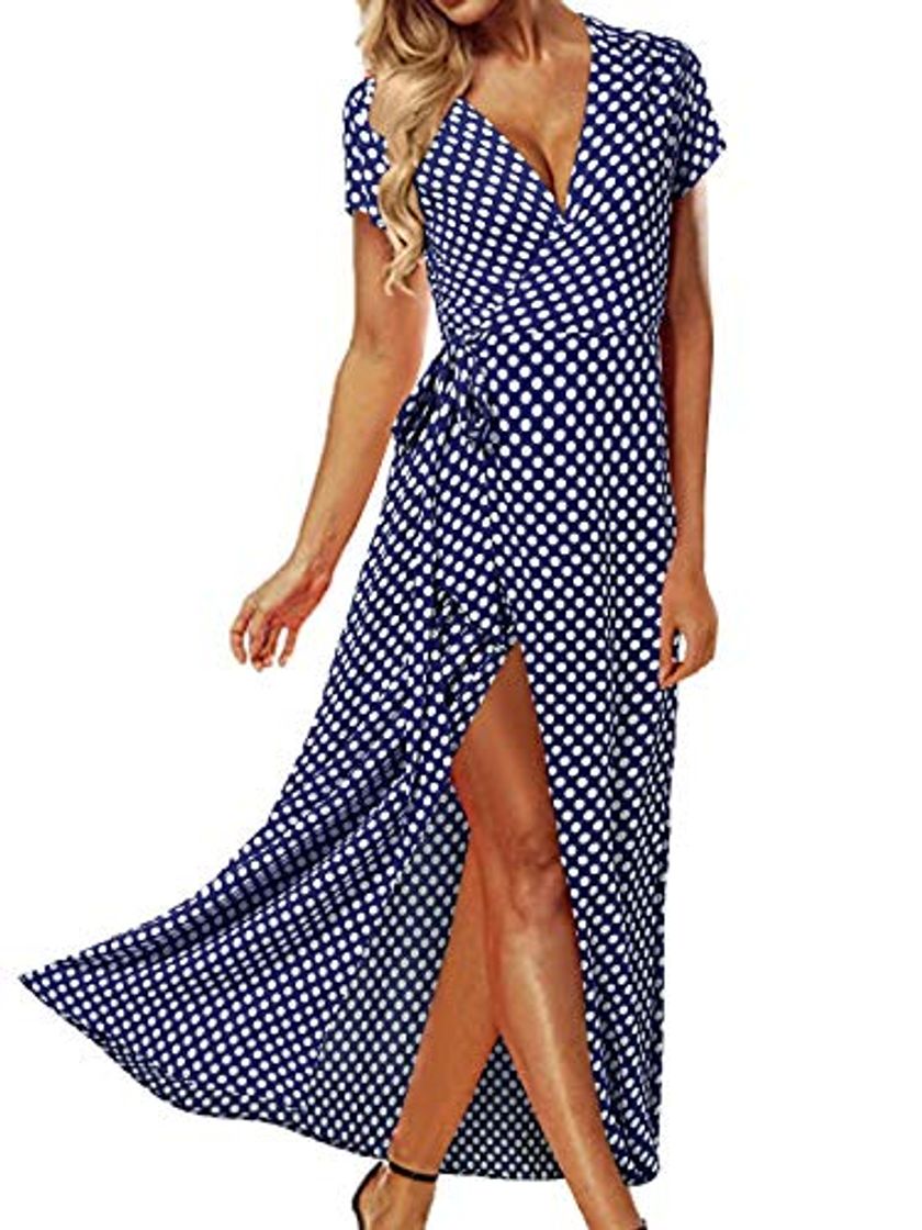 Moda ACHIOOWA Mujer Vestido Elegante Casual Playa Bohemio Dress Lunares Cuello V Manga Corta Escote Fiesta Cóctel Falda Larga Azul XL