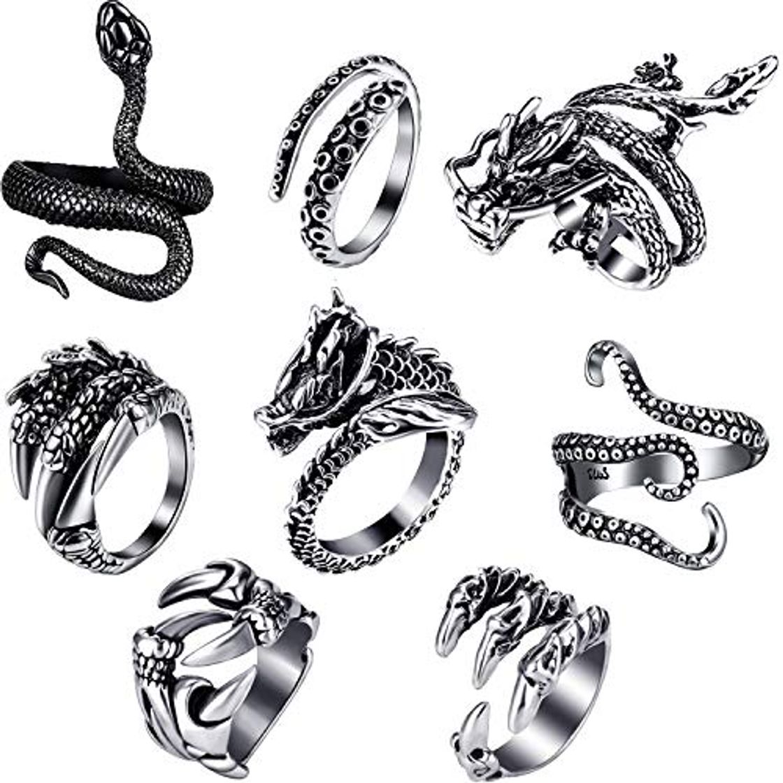 Social Hicarer 8 Piezas Anillos Punk Vintage Anillo Ajustable de Pulpo Dragón Serpiente