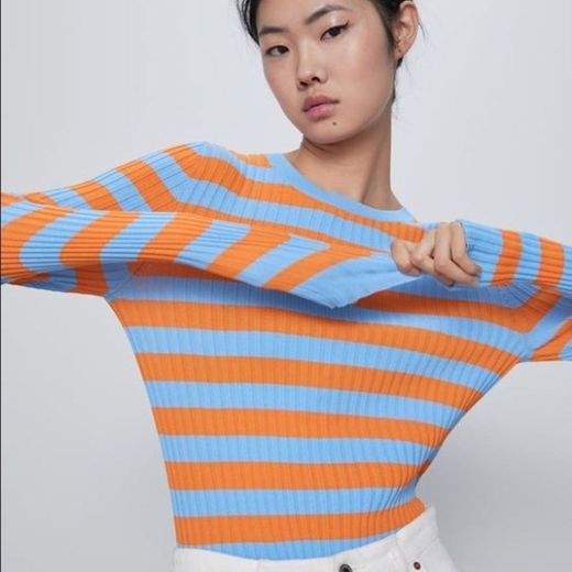 Zara Blue Orange Striped Ribbed Sweater
