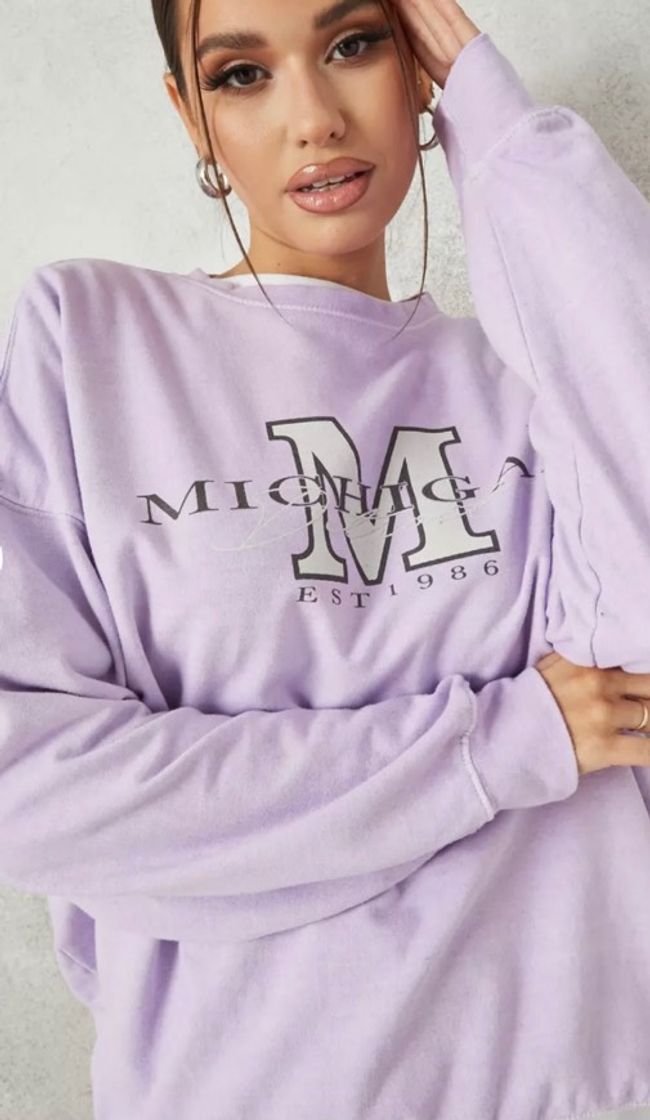 Moda Lilac Washed Michigan Slogan Oversized Sweatshirt