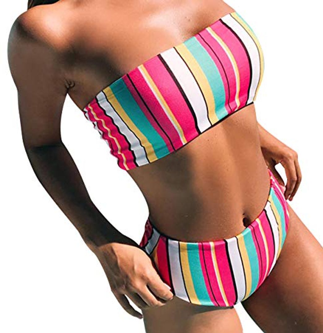 Producto Bikini Talle Alto Bandeau Sin Tirantes Mujer Rayas Trajes de Baño Flores de Dos Piezas Biquini Braga Alta Bañador Piscina Playa Mujeres Conjunto de Bikinis Cintura Alta Señora Natacion Arco Iris L