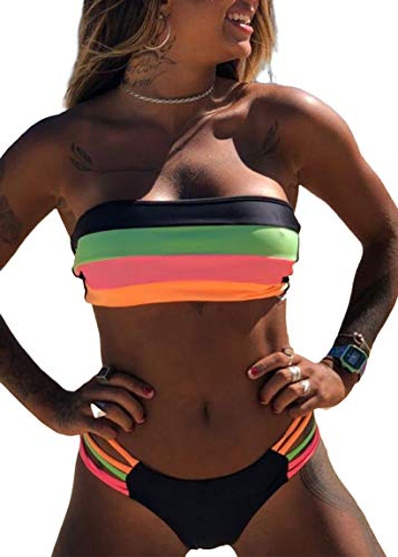 Moda JFan Mujer Conjunto de Bikini Dividido Colorido Rayas Sin Tirantes Cosido Sujetador