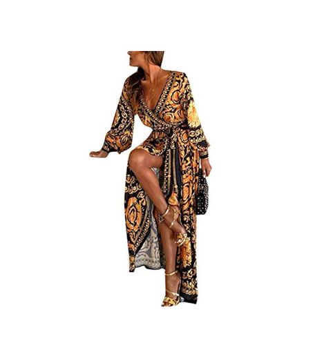 Vestidos De Cóctel Africano Bohemio De Manga Larga Abrigo De Fiesta Maxi Vestido De Mujer Amarillo XL