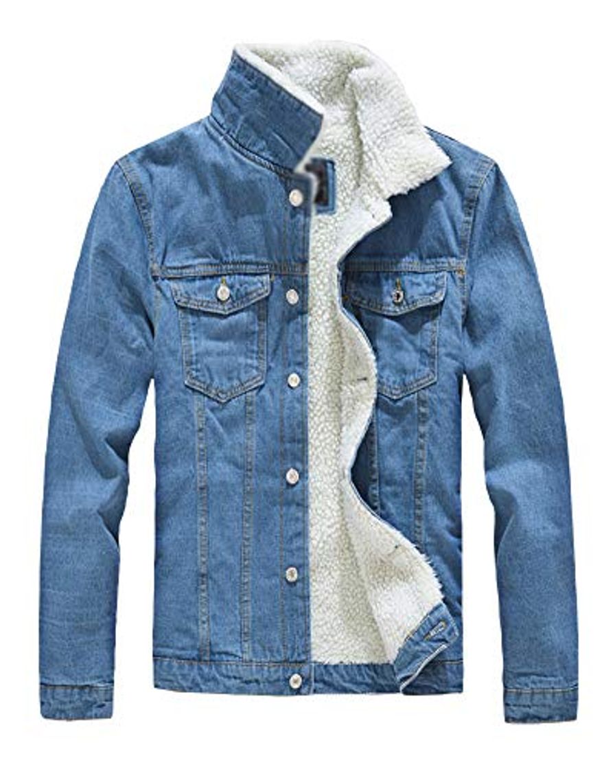 Fashion Hombre Denim Chaqueta De Vaquero Manga Larga Abrigo De Invierno Cálido Jean Jacket Azul Claro L