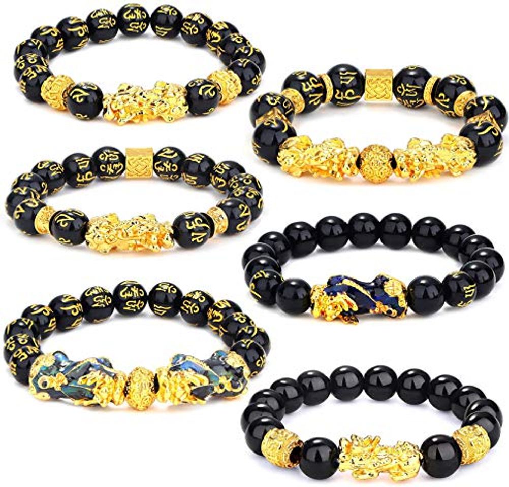 Fashion YADOCA 6 Piezas Feng Shui Golden Pi Xiu Lucky Wealthy Amuleto Pulsera Negro Natural Obsidiana Wealth Pulsera Elástico Ajustable 12 mm Bead Dragon Juego de Pulsera Good Lucky