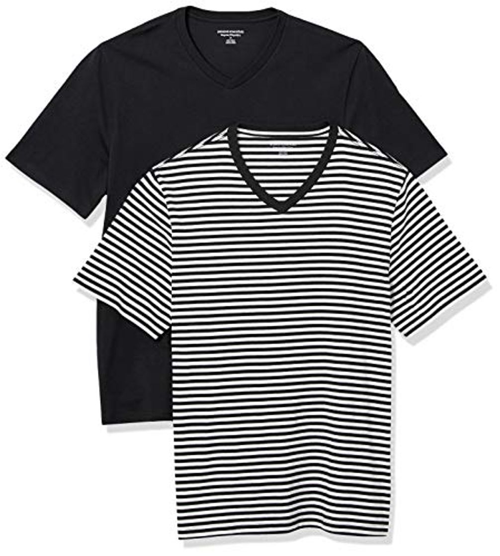 Moda Amazon Essentials 2-Pack Loose-Fit V-Neck T-Shirt Fashion-t-Shirts, Black-White Stripe