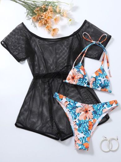 3pack Tropical & Floral Fishnet Triangle Bikini Swimsuit