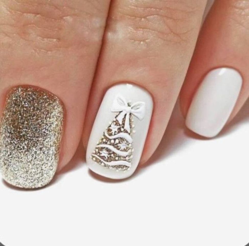 Fashion Unhas pro natal branco e dourado