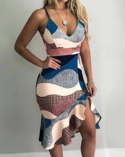 Product Colorblock Print Spaghetti Strap Ruffles Dress