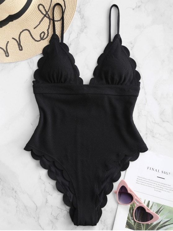 Social Fato de Banho Textured Scalloped-Zaful