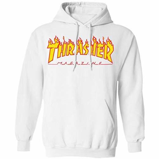 THRASHER Men's Flame Logo Long Sleeve Pullover Hoodie White XL