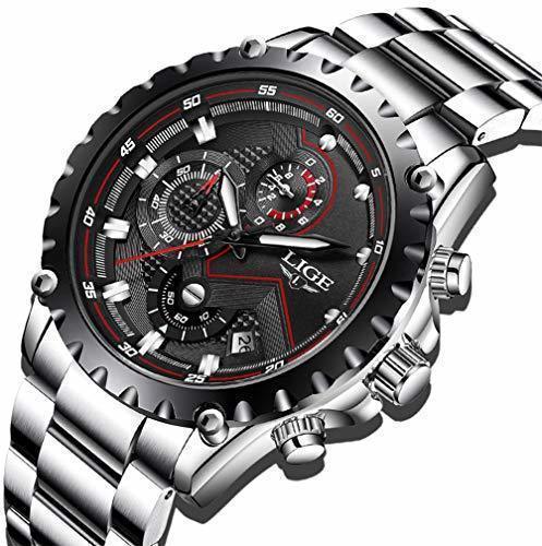 Social LIGE Relojes para Hombre Negro Acero Inoxidable Moda Reloj Deportes Impermeable Gran
