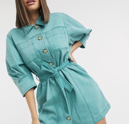 Denim shirt dress with puff sleeve in washed turquoise