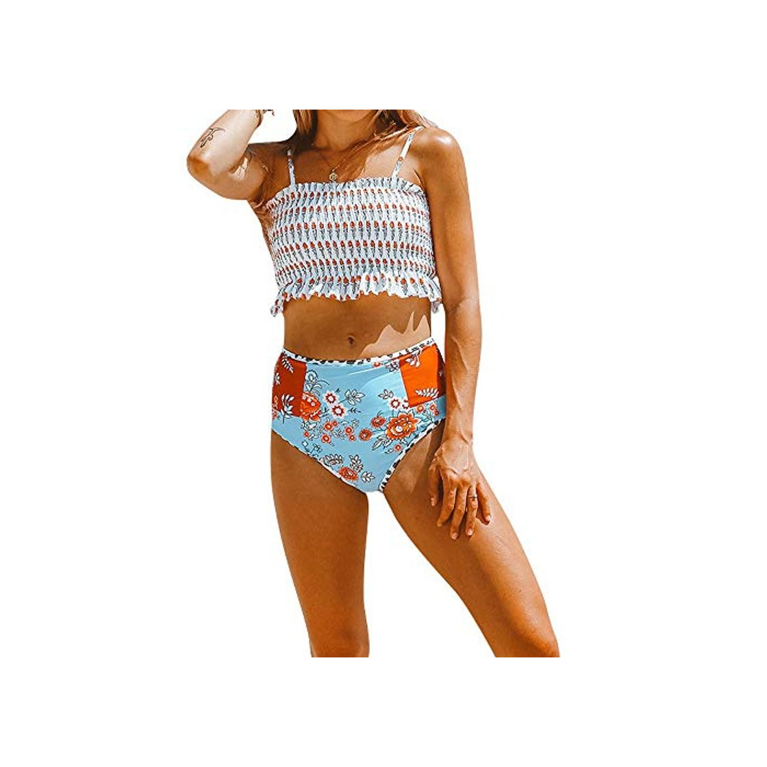 Fashion Mujeres volantes volantes estampado floral Bandeau Bikini conjuntos de talle alto Shirred Smocked Bañador de dos piezas Traje de baño Traje de baño Ropa de playa de vacaciones de verano Conjunto de bi