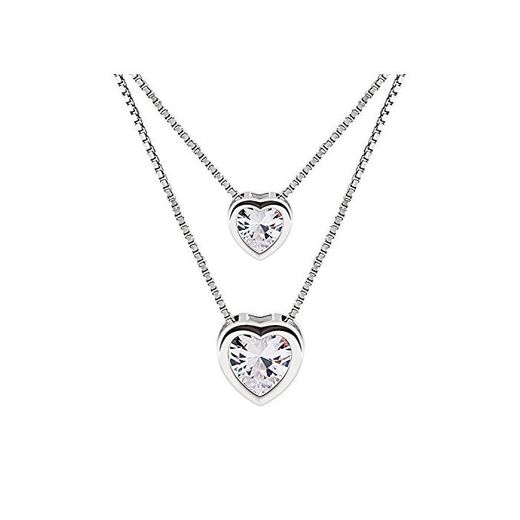 B.Catcher Mujer Collar Colgante Plata de Ley 925 con Doble corazón con