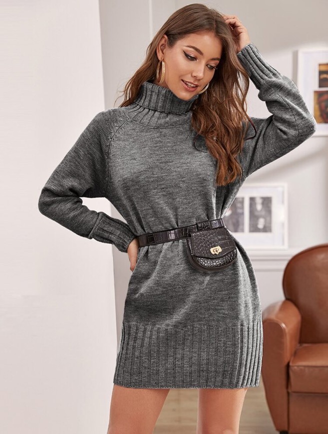 Moda Raglan Sleeve Turtleneck Sweater Dress 