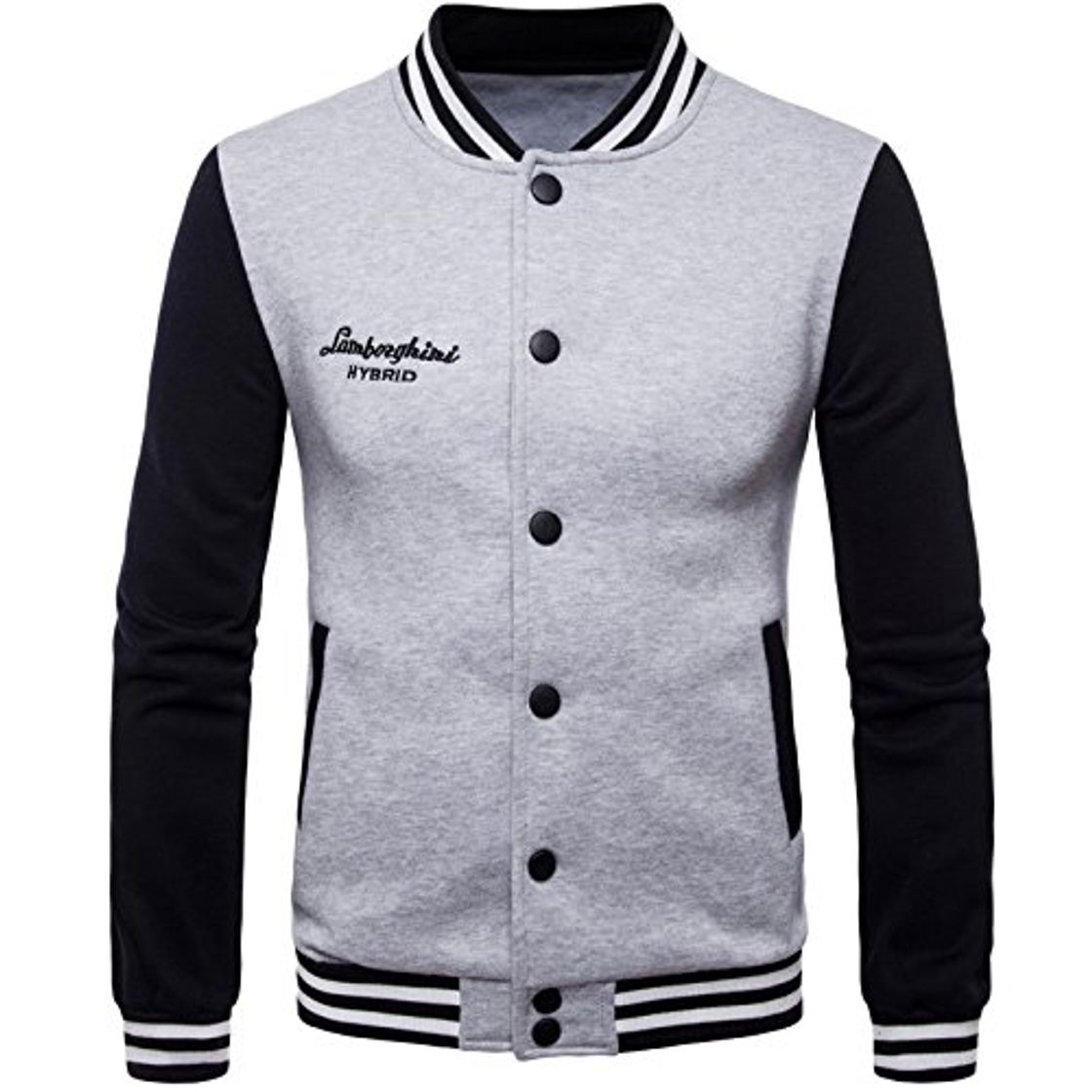 Fashion LEOCLOTHO Chaqueta de Béisbol para Hombres Patrón de Letra con Botones Collar de Pie Chaquetas Gris Claro M