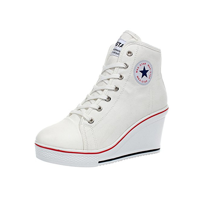 Moda Wealsex Mujer Cuñas Zapatos De Lona High-Top Zapatos Casuales Encaje Talla Grande