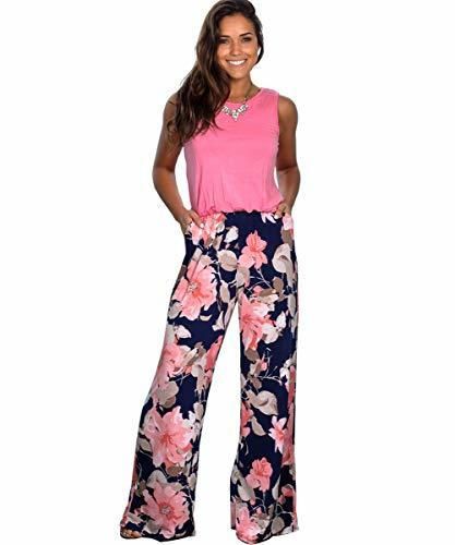 Longwu Mujeres Casual Sin Mangas Mono Flor Impresa Pantalones Anchos de piernas