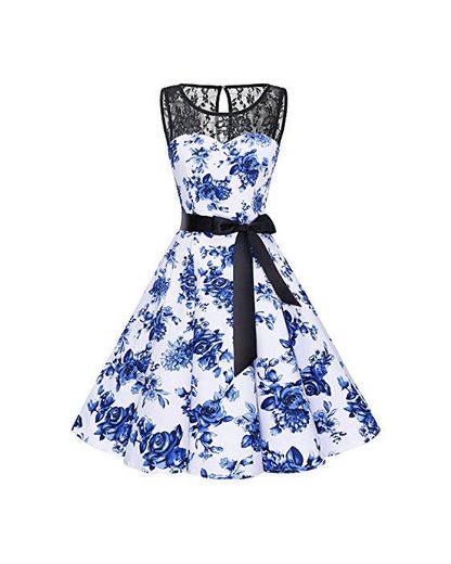 Bbonlinedress Vestido Mujer Corto Fiesta Boda Encaje Sin Mangas White Blue Flower