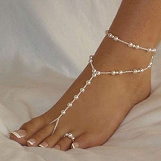JINGRU 40cm Cadena de Tobillera Mujer Pulsera de Tobillo Perla de imitación Sandalia descalza   Femininas Mujeres Niñas Joyería de pie