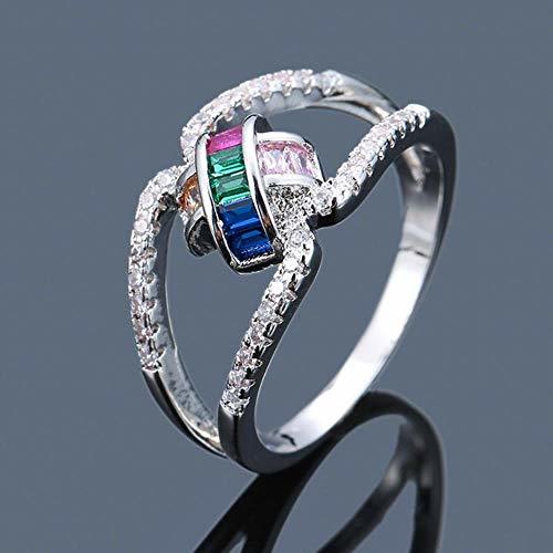 Social MinegRong Bonito Senhoras Femininos Rainbow Pedra Anel de Dedo De Prata Luxo